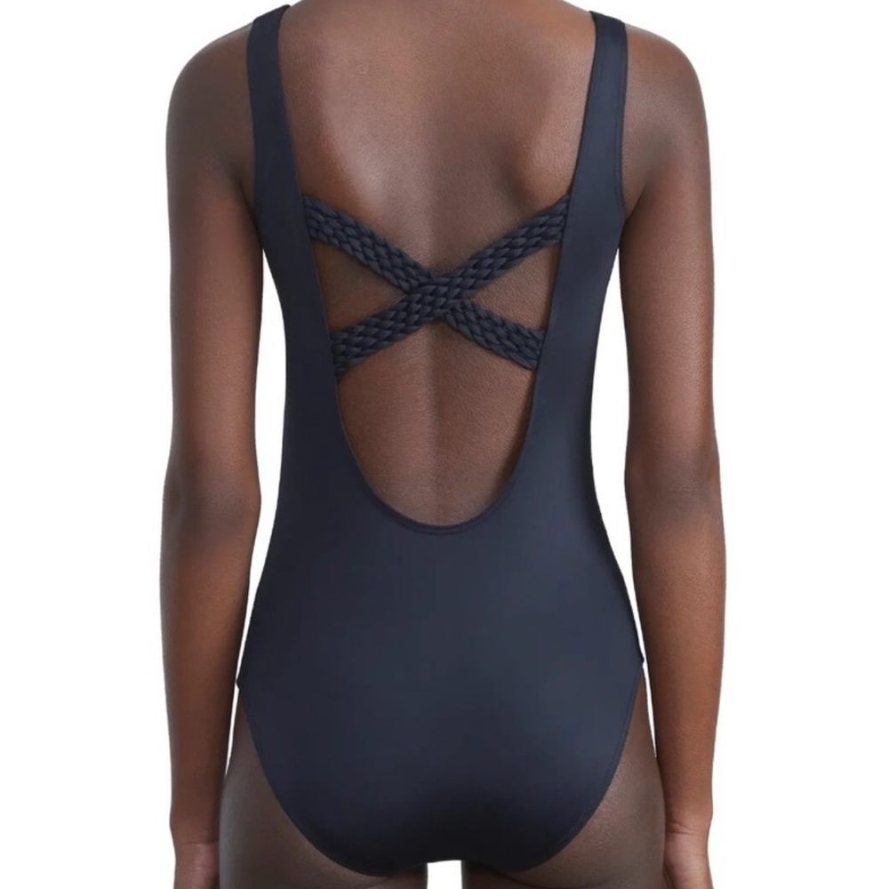 Lafayette 148 New York M Braided Back One-Piece Swimsuit Racerback Smooth Black